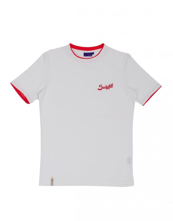 Suixtil Men's 100% Pima Cotton Cuba T-Shirt, Pure White (W/Red)